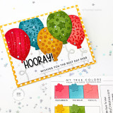 Handmade greeting card with four balloons on it and hooray! wishing you the best day ever sentiment on it with stars in the background.