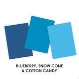 A side-by-side comparison of three Taylored Expressions Premium Cardstock colors—Blueberry, Snow Cone, and Cotton Candy—showing a range of blue shades from rich and deep to soft and pastel.