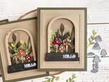 Two handmade greeting cards with mushrooms on both and hello sentiments on them.