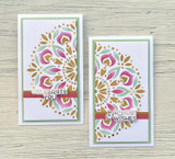 Two handmade greeting cards with circles on it and one with celebrate you sentiment on it and one with birthday wishes sentiment on it.