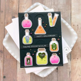 Handmade greeting card with potions on it and happy halloween, you're spooktacular sentiment on it.