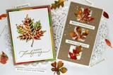 Two handmade greeting cards with fall leaves on them, one with happy thanksgiving sentiment on it and the other with happy thanksgiving to you and yours sentiment on it.