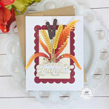 Handmade greeting card with prairie leaves on it and cat-tails with forever grateful sentiment on it.