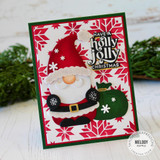 Handmade greeting card of santa gnome and have a jolly jolly christmas sentiment on it.