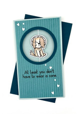 Handmade greeting card with a dog on it and hearts with at least you don't have to wear a cone sentiment on it.
