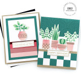 Two handmade greeting cards with plants on them in pots, one with thinking of you sentiment on it and the other with happy birthday sentiment on it.