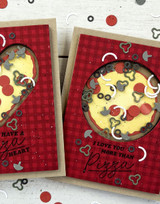 Two handmade greeting cards with pizzas on each of them and pizza sentiments on each.