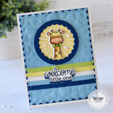 Handmade greeting card with giraffe on it and welcome little one sentiment on it.