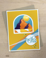 Handmade greeting card with mountains on it and hello there sentiment on it.