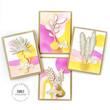 Four handmade greeting cards with flowers on each and different sentiments on them.