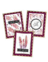 Three handmade greeting cards with different leaves on each of them and various sentiments on each.