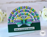 Handmade greeting card with butterfly on it and have a colorful birthday sentiment on it with flowers in background.