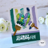 Handmade greeting card with heart on it and love you with all my art sentiment on it with flowers in background.