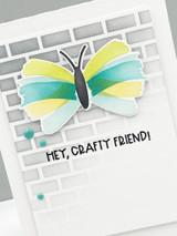 Handmade greeting card with butterfly on it and hey, crafty friend sentiment on it.