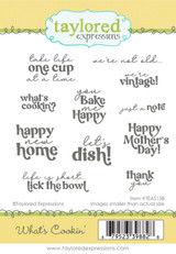 Graphic of What's Cookin' Stamp Set that includes different sentiments used for cooking and baking for papercrafting.