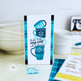 Handmade greeting card with mugs on it and take life one cup at a time sentiment on it.