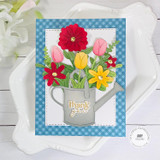 Handmade greeting card with planter on it with flowers in it and thank you sentiment on it.