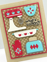 Handmade greeting card with a mixer and various kitchen items on it with what's cookin' sentiment on it. Handmade greeting card with a mixer and various kitchen items on it with what's cookin' sentiment on it.