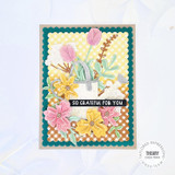 Handmade greeting card with flower bouquet in planter on it with so grateful for you sentiment on it.
