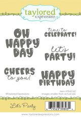 Graphic of packaging of 5 steel die sentiments for parties and celebrations for paper crafting.