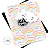 Handmade greeting card with rainbow and clouds on it and big hugs sentiment on it.