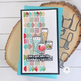 Handmade greeting card with drinks on it and let's get into the birthday spirits sentiment on it.