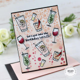 Handmade greeting card with drinks on it and let's get into the birthday spirits sentiment on it.