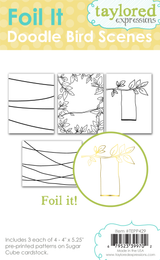 Graphic of packaging of doodle bird foil it scenes such as branch with swing, lines, and leaves, for paper crafting.