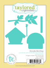 Graphic of packaging of steel die birdhouses, birdhouse accessories, and tree branch for paper crafting.