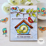 Handmade greeting card with doodle birds on birdhouse with a little birdie told me it's your birthday sentiment with floral background.