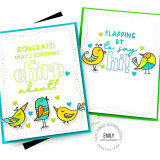 Two handmade greeting cards with doodle birds and hearts on it with congrats that's something to chirp about sentiment on one card and then flapping by to say hi sentiment on the other card.