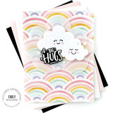 Handmade greeting card with clouds and rainbows on it and big hugs sentiment on it with cardstock in background.