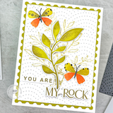 Handmade greeting card of flower and butterflies with you are my rock sentiment on it.