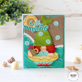 Handmade greeting card with mermaid gnome on it and hello sunshine sentiment.