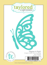 Graphic of packaging of Filigree in Flight, a butterfly steel die piece for paper crafting.
