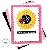 Handmade greeting card with lady bugs and flowers on it with enjoy the little thing sentiment on it.