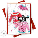 Handmade greeting card with sweaters on it and it's sweater weather sentiment on it.