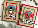 Two handmade greeting cards with sweaters on both and sweater themed sentiments on each of them.
