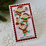 Handmade greeting card with elves on it and merry Christmas sentiment on it.