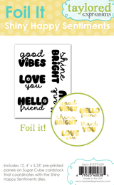 Graphic of packaging of 5 foil it happy sentiments for paper crafting.