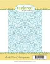 Graphic of Arch Deco Background which is a red rubber stamp that includes artistic decorated arches for papercrafting.