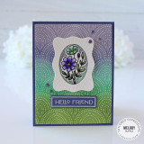 Handmade greeting card with arches on it and a flower with hello friend sentiment on it.