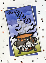 Handmade greeting card with a cauldron on it with confetti in and I'm batty for you sentiment on it.
