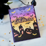 Handmade greeting card with pumpkins and bats on it with happy halloween sentiment on it.