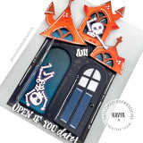 Handmade greeting card with dancing skeleton in a haunted house with open if you dare sentiment on it.