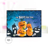 Handmade greeting card with pumpkins on it and bats with I'm Batty for You sentiment on it.
