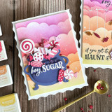 Handmade greeting card with cauldron and candy on it with hey, sugar sentiment on it.