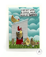 Handmade greeting card with hens on it and a coop with I get by with a little help from hens sentiment on it.