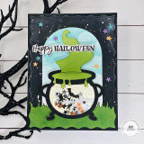 Handmade greeting card with witches cauldron on it and happy halloween sentiment on it.