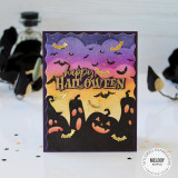 Handmade greeting card with pumpkins on it and happy halloween sentiment on it.